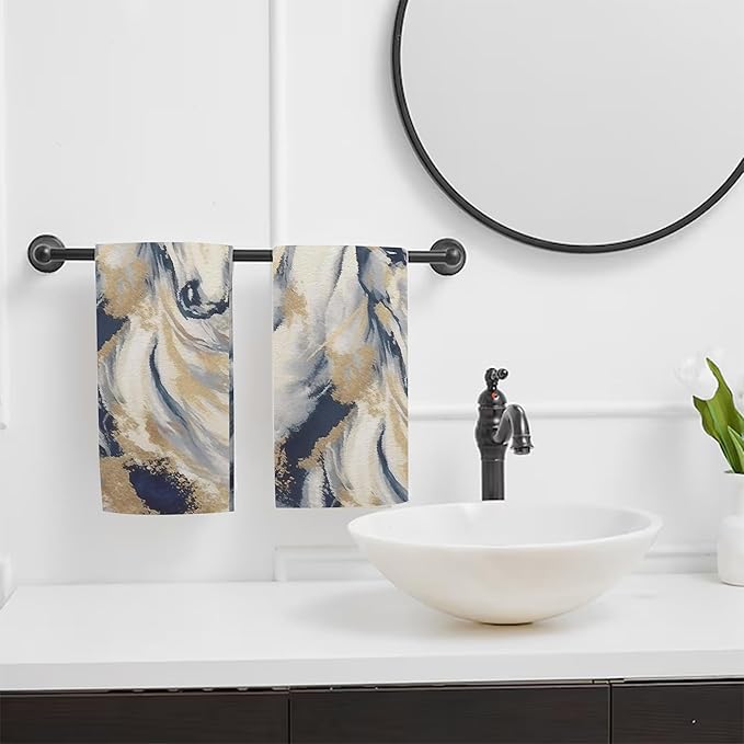 Golden Horse Oil Painting Kitchen Hand Towel Set of 2, Abstract Art Painting