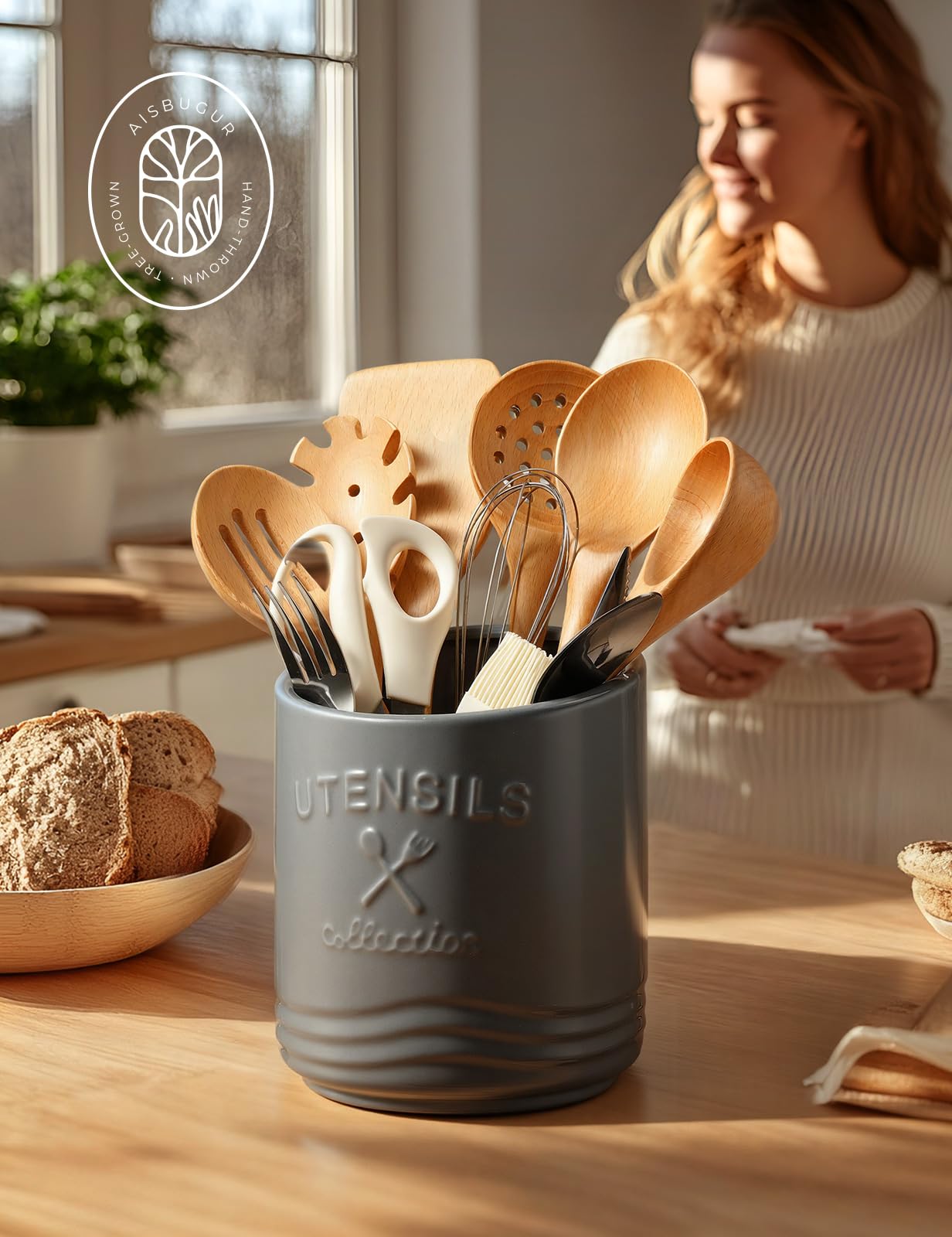 AISBUGUR Large Ceramic Utensil Holder 7.5" H×6.3" W with Slanted Mouth - Utensil Crock with Non-Slip Cork Base for Kitchen Counter, Ideal for Decor & Gift,Grey