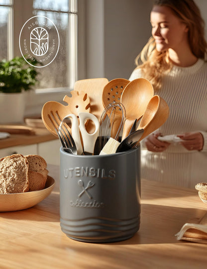 AISBUGUR Large Ceramic Utensil Holder 7.5" H×6.3" W with Slanted Mouth - Utensil Crock with Non-Slip Cork Base for Kitchen Counter, Ideal for Decor & Gift,Grey
