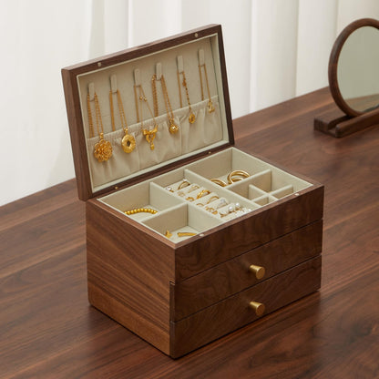 THFLSTR Jewelry Box Organizer for Women & Men, Black Walnut 3 Layer Wooden Jewelry Box with Velvet Lining, Earring & Ring Organizer, Large Capacity Drawer Design for Necklaces, Bracelets (3 layers)