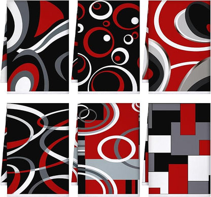 Boyiee Set of 6 Red Black Grey White Kitchen Towels Modern Geometric Dish Hand