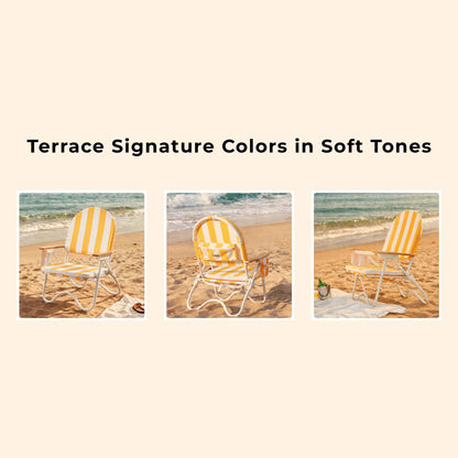DEER LAND Padded Low Beach Chair, 4-Position Folding Outdoor Chair with Wooden Armrests, Cushioned Seat, Storage Pouch & Carry Strap for Beach, Patio and Lawn, Cala Serena Ochre Stripe