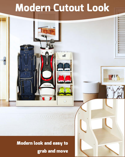 Mythinglogic Double Golf Bag Storage Rack for 2 Bags, Wooden Golf Organizer with Shoe Shelves, Ball Holder & Drawer, MDF Golf Equipment Storage Cabinet for Home, Garage or Simulator Room