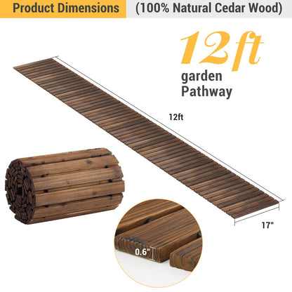 12FT Straight Wooden Garden Pathway Walkway Outdoor Roll Out Decorative Garden Non-Slip Patio Path Decorative Boardwalk Outdoor Road Floor for Backyard Beach Wedding Party