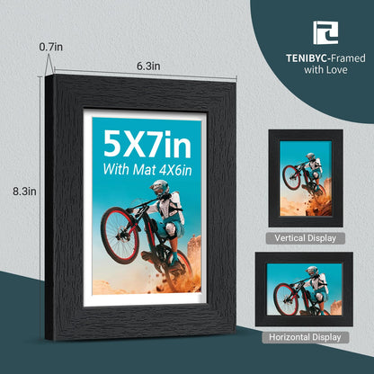 TENIBYC 5x7 Picture Frame Set - 4 Pack, Black Wood Photo Frames - Tempered Glass - Displays Photos 4x6 with Mat or 5 x 7 without - Room, Office, Gallery, Studio, and Hallway Decor - Wall Hanging