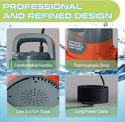 Sump Pump 1HP Submersible Water Pump 3700GPH Electric Portable Transfer Water Pump for Pool Draining Basement, Orange