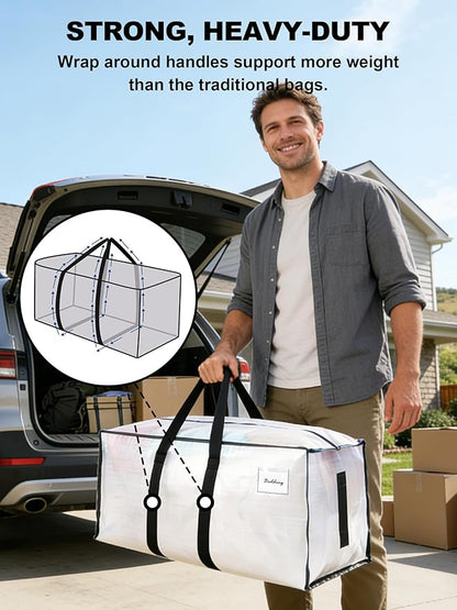 HOMESURE Supports 200lbs Heavy Duty Moving Bags - Strong Zipper & Wrap-Around Handles - Water-Resistant Storage Totes, Durable Alternative to Moving Boxes - 12 Pack - Semi-Transparent
