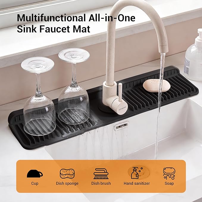 Faucet Mat for Kitchen Sink, Snap-On Design & 7°slope Fast Drain, Folding Sink