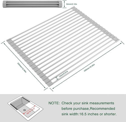HANZENMA Roll Up Dish Drying Rack Over The Sink Kitchen Roll Up Sink Drying Rack Multipurpose Foldable Sink Drying Mat, Heat-Resistant, Anti-Slip & Anti-Rust Dish Rack for Kitchen, 17" x 13", Grey