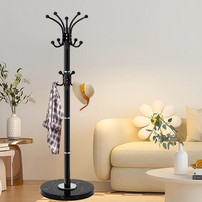 LOZABEE Metal Heavy Duty Coat Rack Stand, Modern Freestanding Coat Rack with Natural Marble Base, 360° Roraty Coat Racks with 16 Hooks, Black Coat Hall Tree Hanger Stand for Entryway, Office