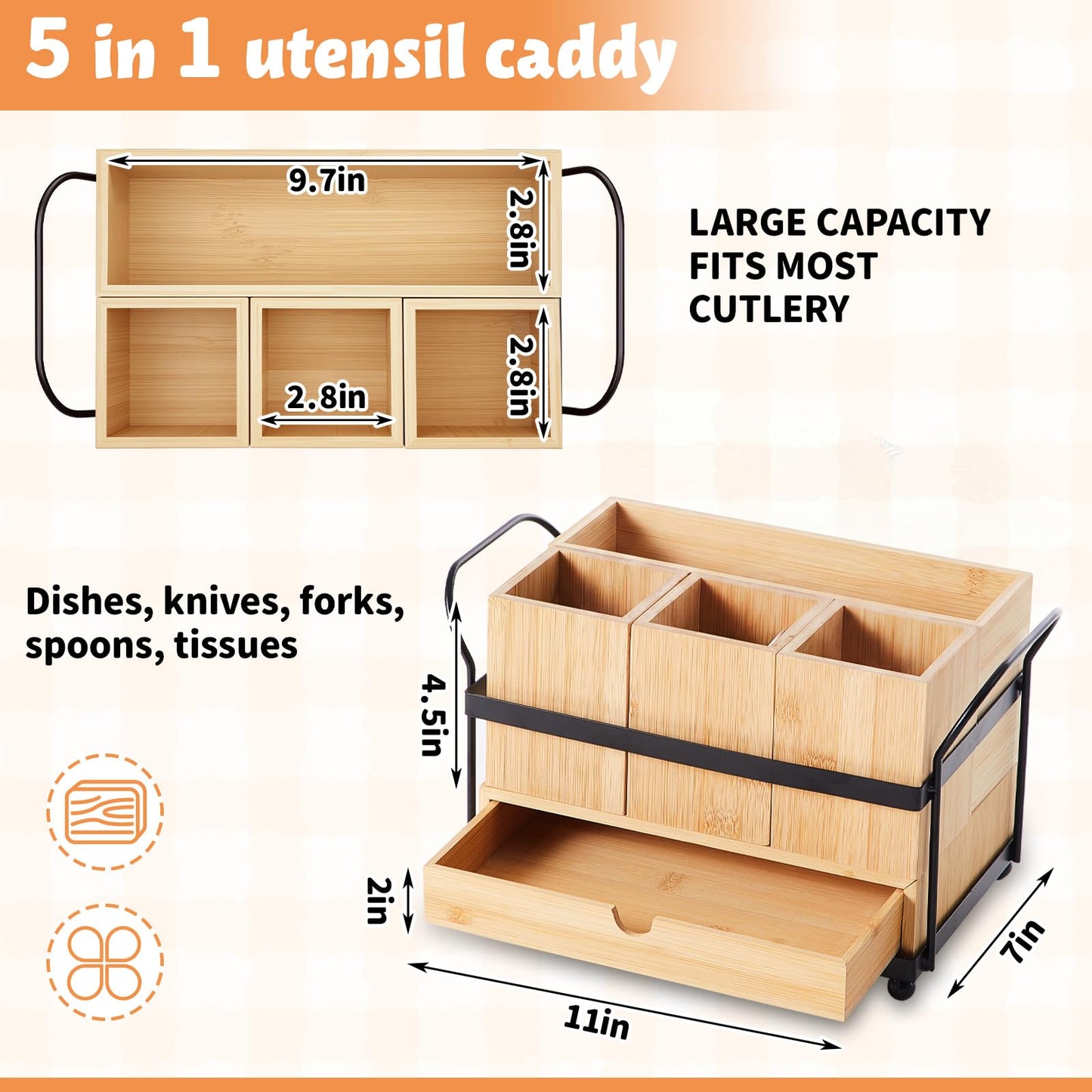 Qunclay Wooden Silverware Caddy with Drawer, Paper Plate Organizer Holder Dispenser for Party, Utensil Cutlery and Flatware Holder with 4 Compartments for Forks, Spoons, Napkins, Kitchen Countertop