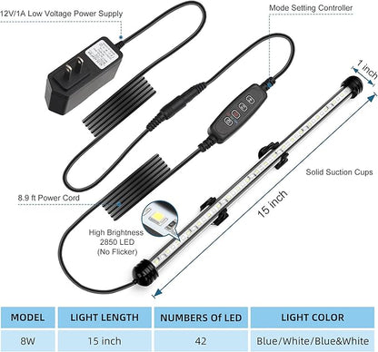 LED Submersible Aquarium Light 8W Underwater Fish Tank Light with Blue White&Blue and White Three Light Modes Timer Automatic On/Off and Dimmer Brightness Adjustable (15inch)