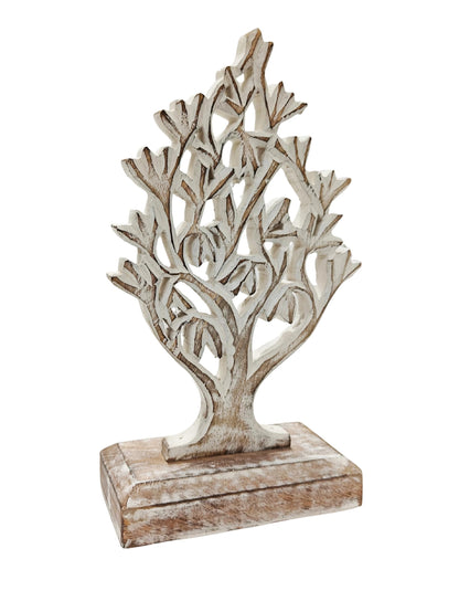 VANIYA CRAFTS® Rustic Wooden Tree Shape Table Sculpture – Handmade Carved Home Decor Accent for Living Room, Bedroom, Entryway, or Office (Antique White Finish)