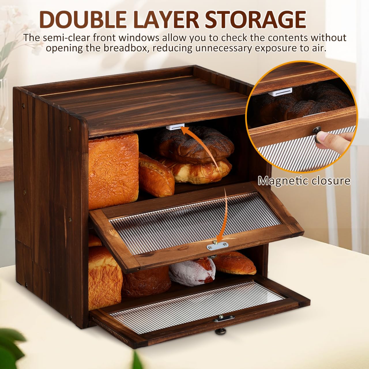 UKCOCO Wooden Bread Box 2 Layer Bread Box for Kitchen Counter Rustic Keeper with Ventilation Holes Magnetic Closure Front Windows Countertop Storage Organizer Brown