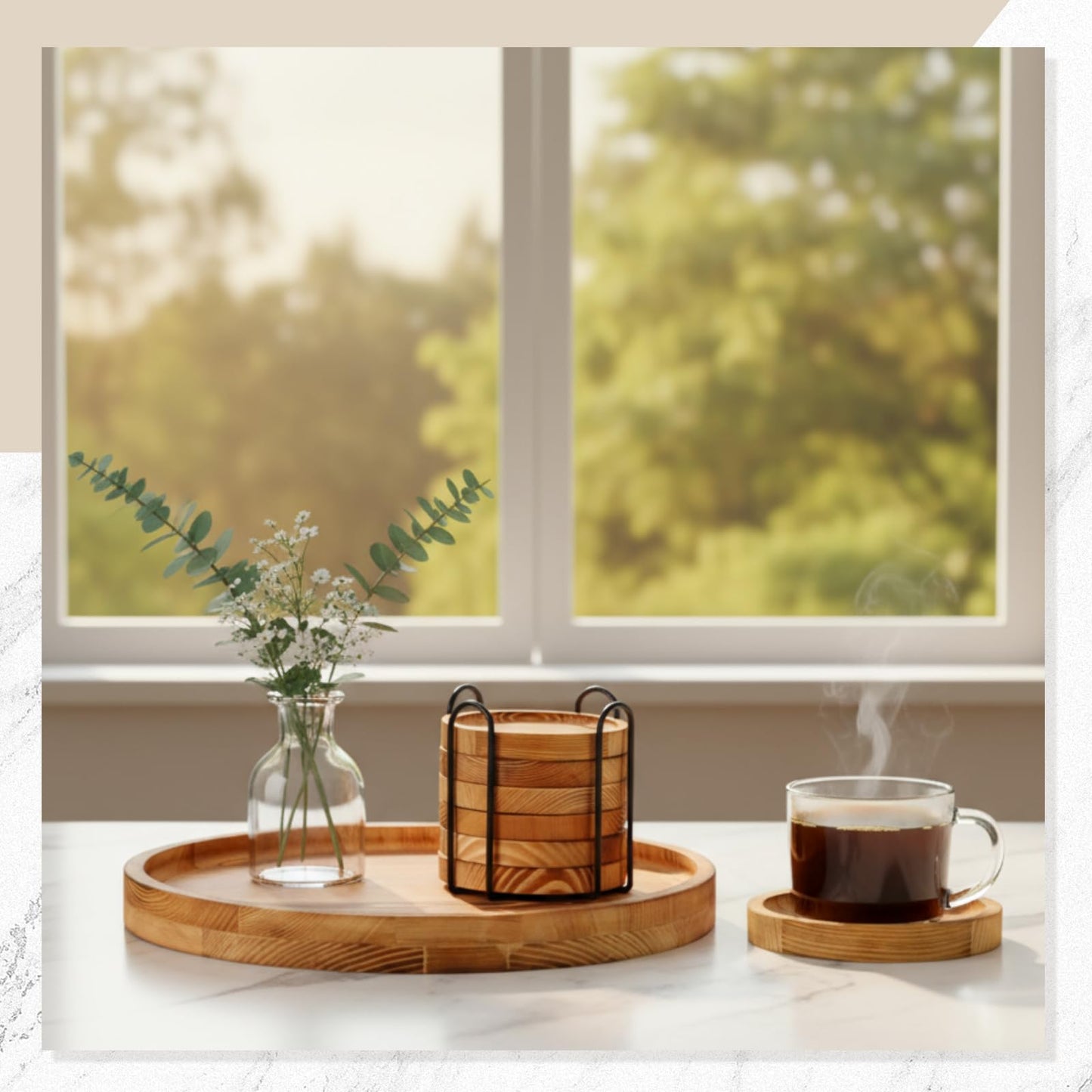Acellegic Boho Table Centerpieces Set 1 Wood Decorative Tray, 6 Wooden Coasters for Drinks and 1 Farmhouse Beads for Home, Bedroom, Coffee Table, Sofa Area, Farmhouse, Office, Bar