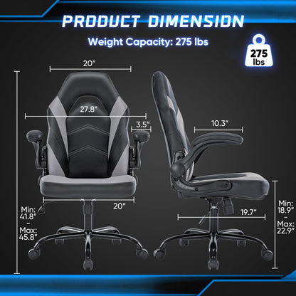 OLIXIS Big and Tall Office Desk Leather Gaming Computer Chair with Adjustable Swivel Task and Flip-up Arms for Adults, Teens, Grey