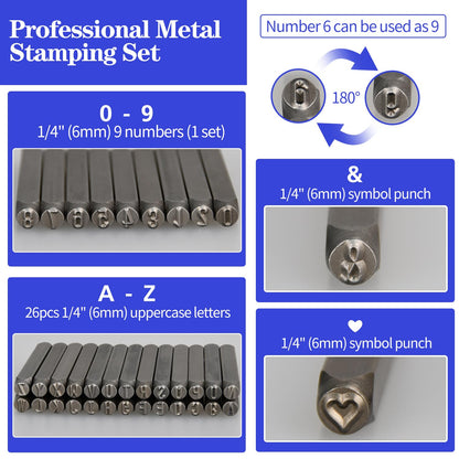 Metal Stamping Kit, 6mm Number and Letter Stamp Set, Include Artistic Font Uppercase, Number Punch and Heart Design Stamp