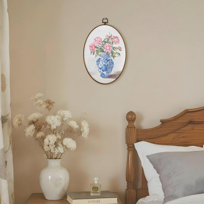 LKETW Chinoiserie Floral Oval Wall Art Decor, Blue and White Chinoiserie Porcelain Pink Flower Oval Canvas Hanging Decor, Grand Millenial Wall Decorations for Home Bedroom Office, 8.6x11.4 Inch