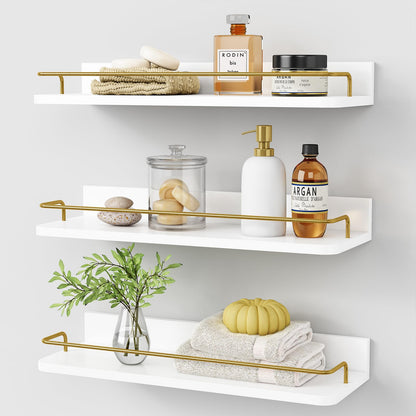 Forbena Gold Floating Shelves for Wall Decor Set of 3, Bathroom Shelves Over Toilet, Modern Display Wall Shelf with Guard Rail for Living Room Bedroom Organizers and Storage - White and Gold