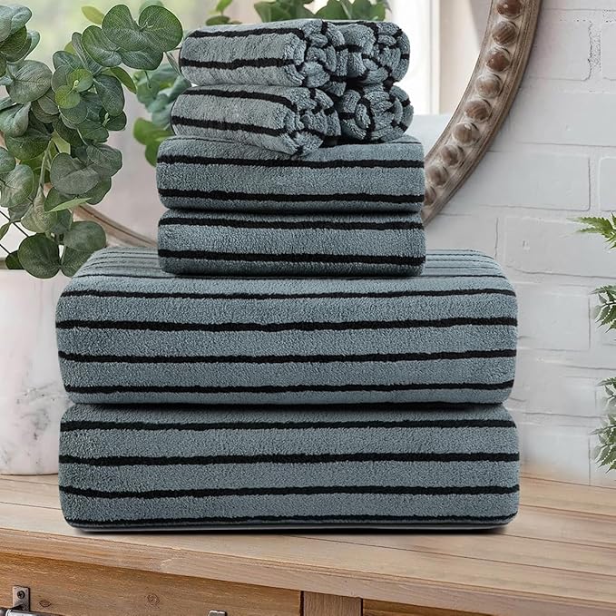 8 Pcs Grayish Blue Cabana Stripe Large Bath Towel Oversized Bath Sheet-2