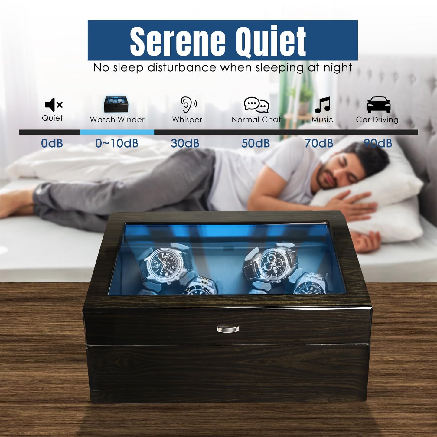 JuviPerpric Watch Winder for Automatic Watches, 6 Automatic Watches with 6 Storages, Blue Backlight and Foam Pad, 4 Rotation Modes Rotating Watch Box (Wood)