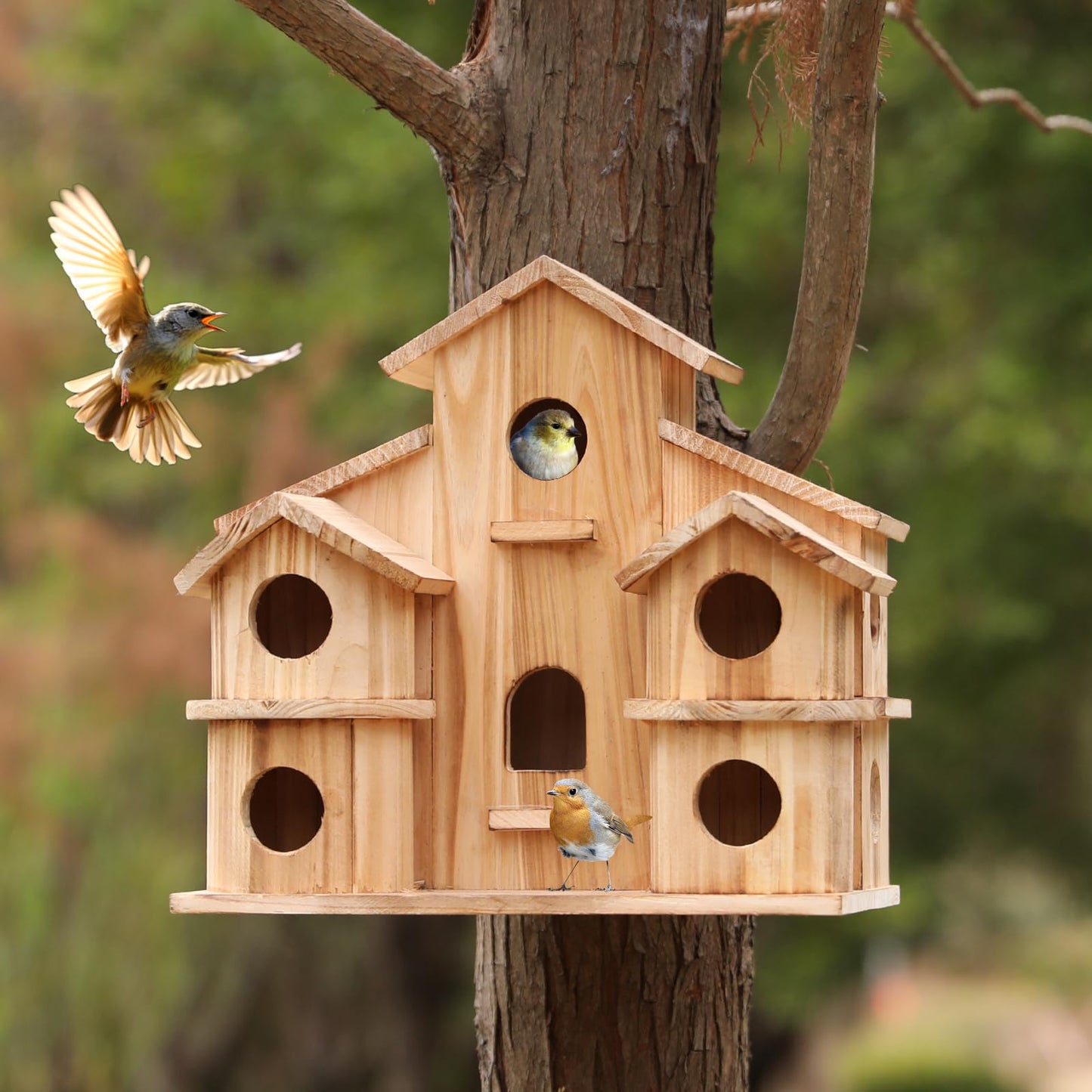 Bird Houses for Outside, Wooden 10 Hole Bird House for Multiple Birds, Hanging Birdhouse Nesting Box for Wren Finch Chickadee, Decorative Garden Bird Hotel