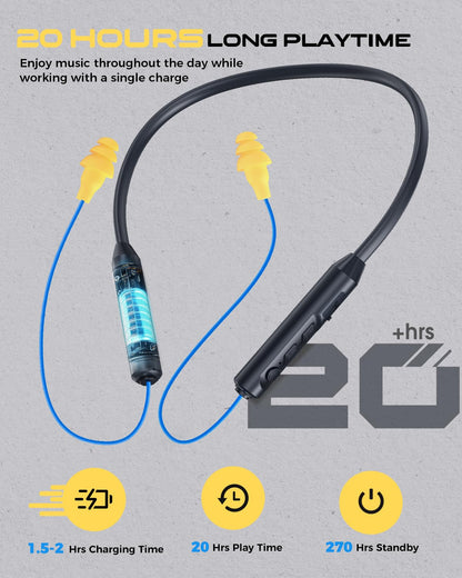 MIPEACE Bluetooth Earplug Headphones, Neckband Wireless Earbuds earplugs-29db Noise Reduction isolating in-Ear earplug Earphones and Controls,IPX6 sweatproof,20+Hour Battery(Blue)
