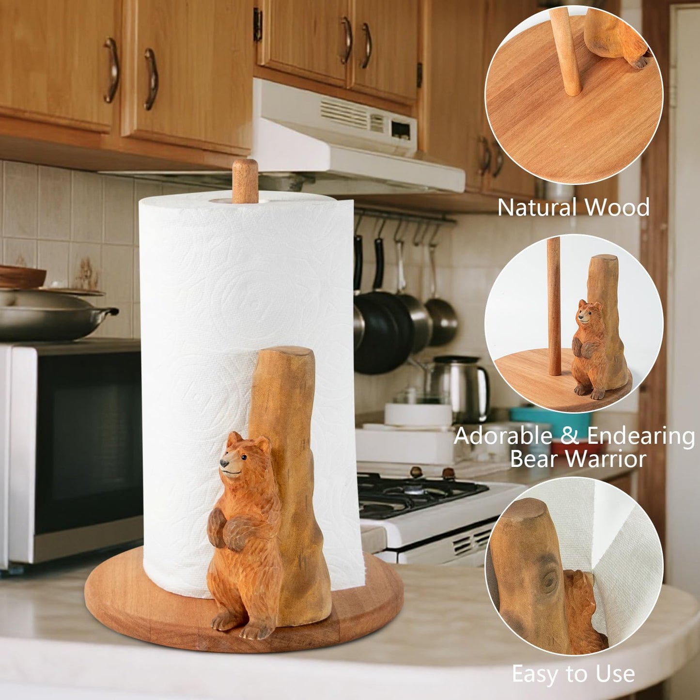 Bear Wooden Paper Towel Holder,9.5" Large Thicken Base Wood Kitchen Tissue Holder, Freestanding Paper Towel Holders, Suitable for Farmhouse, Kitchen Countertop Decorative Paper Towel Holder (Bear)
