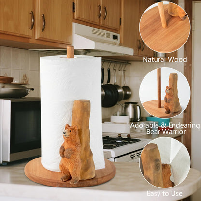 Bear Wooden Paper Towel Holder,9.5" Large Thicken Base Wood Kitchen Tissue Holder, Freestanding Paper Towel Holders, Suitable for Farmhouse, Kitchen Countertop Decorative Paper Towel Holder (Bear)