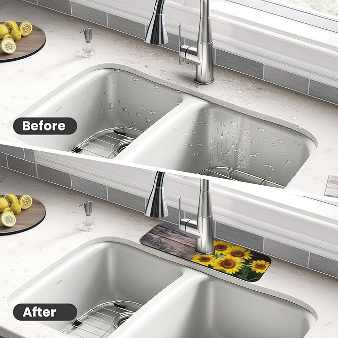 Kitchen Sink Splash Guard Faucet Mat Board Vintage Sunflowers 15"x5.5"
