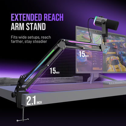 FIFINE Microphone Boom Arm, Metal Adjustable Mic Arm Stand with RGB Control, 3/8” to 5/8” Screw Adapter, Desk Mount Clamp, Suspension Scissor Mic Stand for Gaming Streaming Podcast-AmpliGame BM38