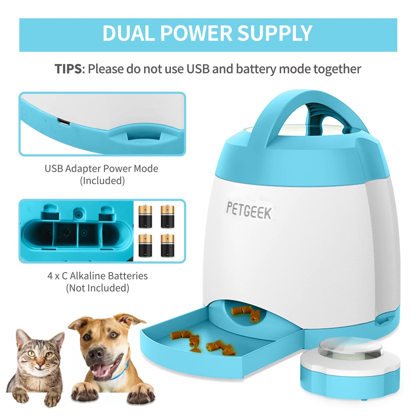 PETGEEK Automatic Dog Treat Dispenser with Button - Puzzle Memory Training Feeder, Pet Geek Button Treat Food Dispensing Toys Interactive, Iq Training Dog Feeder (Blue)