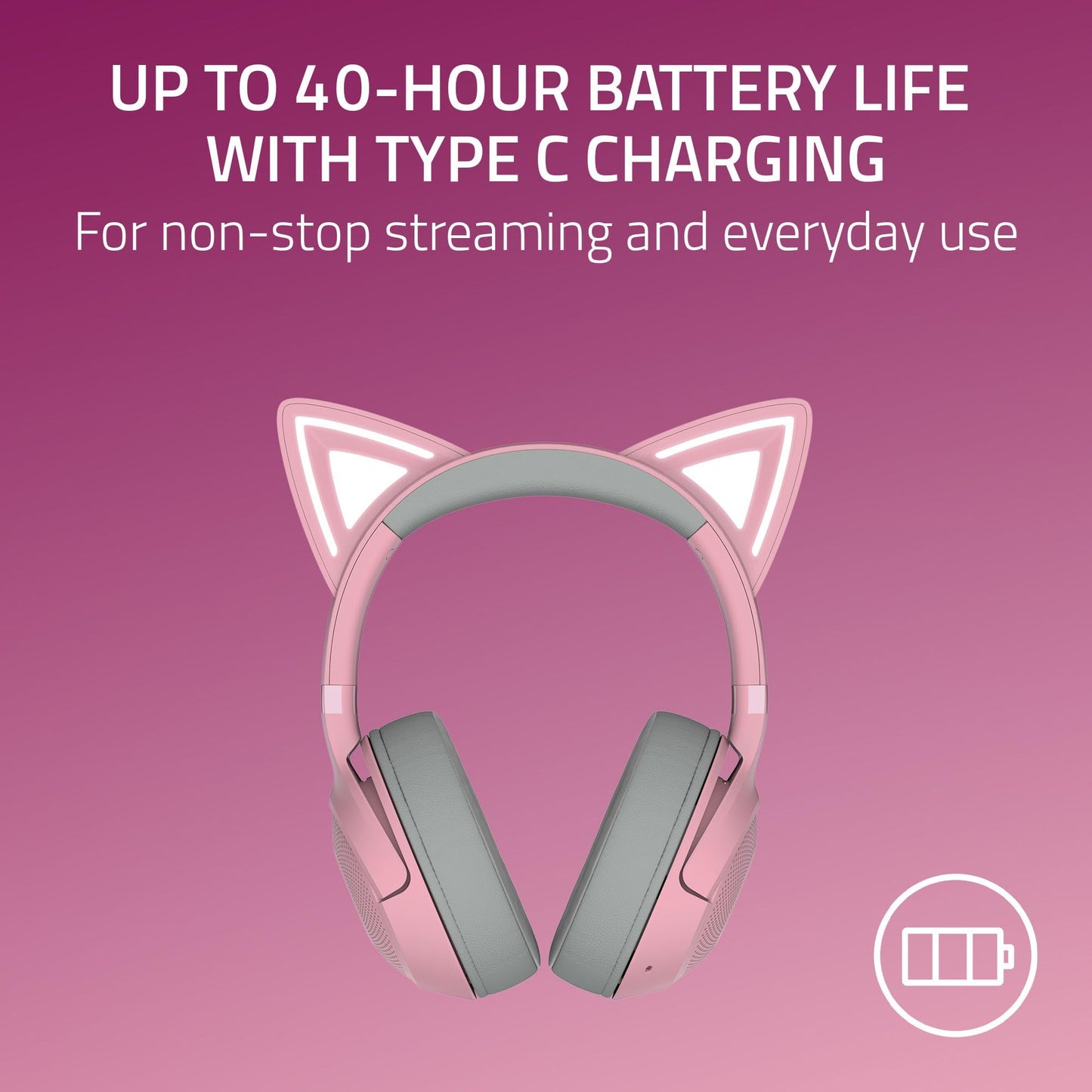 Razer Kraken Kitty V2 BT Wireless RGB Headset: Chroma RGB Kitty Ears & Earcups - Bluetooth 5.2-40 mm Drivers - Noise-Cancelling Mics - Lightweight - 40 Hr Battery w/Type C Charging - Quartz Pink