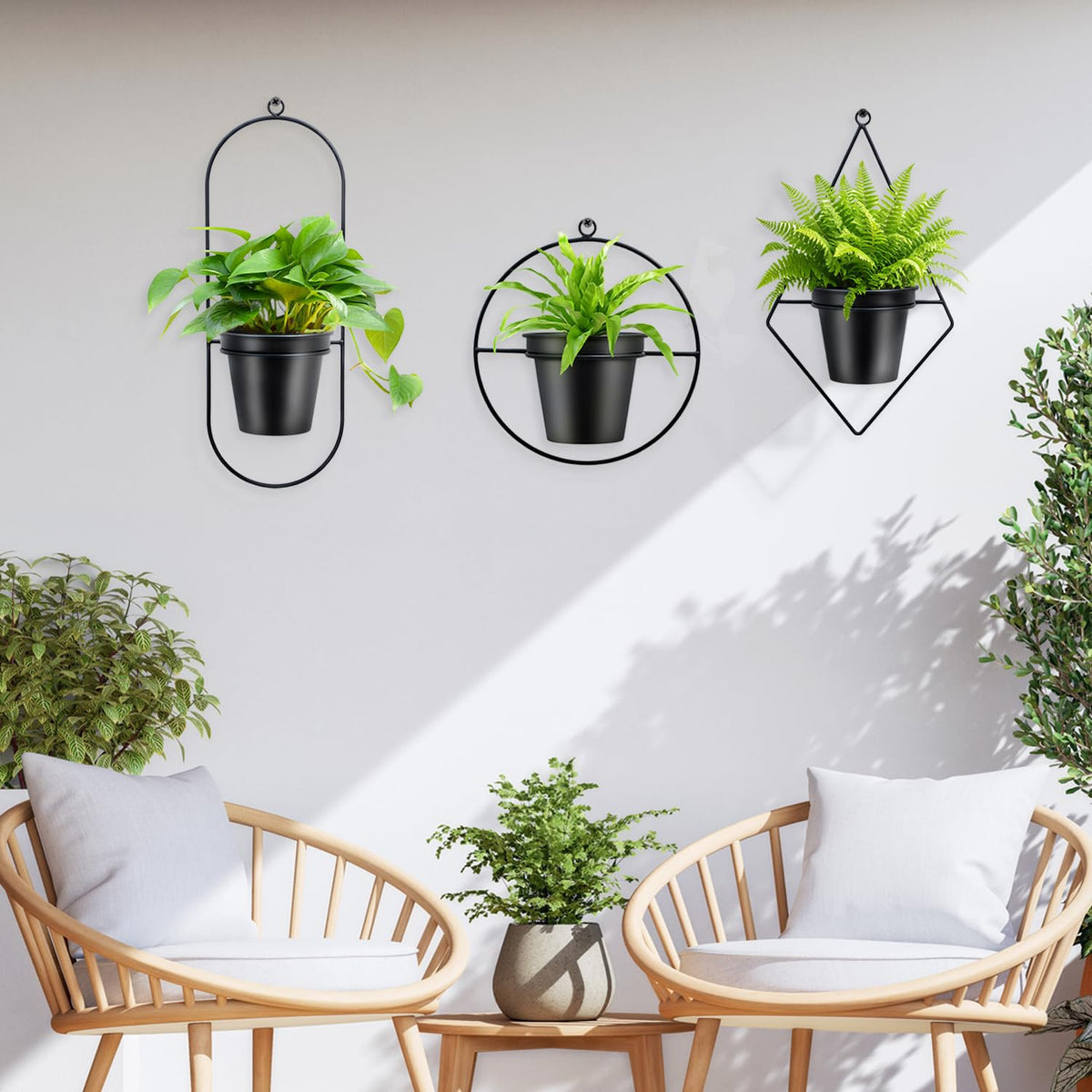 HemePaha Geometric Wall Planters for Indoor Plants Set of 3 Black Metal Wall Mounted Plant Holder (Diamond & Oval & Round Shapes) with 5 Inch Flower Pots, Modern Hanging Planters for Indoor Decor