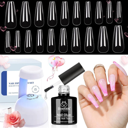 Beetles Gel Nail Extension Kit Almond Shape, Easy 9 in 1 Glue Uv Led Set Etch X Nail Tips Short Almond Half Matte Tips, Gift for Women & Girls, 504 pcs