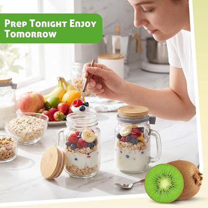 Newtay 4 Pack 16oz Overnight Oats Container with Lids and Spoon, Airtight Glass Mason Jar with Handles for Chia Pudding Milk Cereal Meal Prep Yogurt Food Storage, Microwave Freezer and Dishwasher Safe