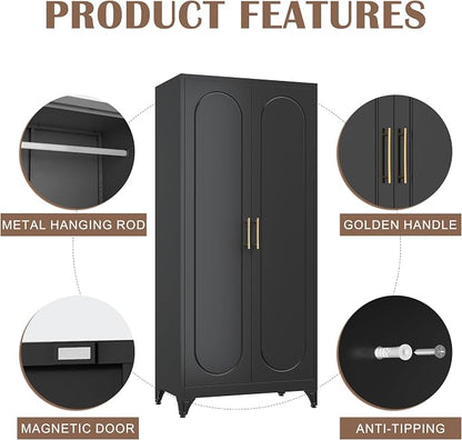 SteeLoong 71" Metal Armoire Wardrobe Closet with Doors,Tall Clothing Storage Cabinet with Adjustable Shelves and Hanging Rod,Black Wardrobe Closet for Bedroom,Home,Office,Gym