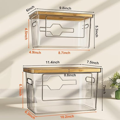 2 Pack Trash Bag Holder with Bamboo Lid, Stackable Acrylic Trash Bag Dispenser Roll Holder Under Sink, Plastic Container Garbage Bags Storage Organizer for Kitchen, Pantry, Laundry Room Organization