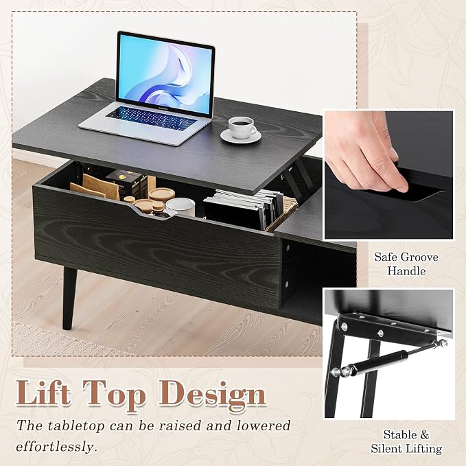 OLIXIS Wood Coffee Table Lift Top Coffee Tables for Living Room Office, Small Rising Wooden Center Tables with Large Storage Shelf and Hidden Compartment, Black