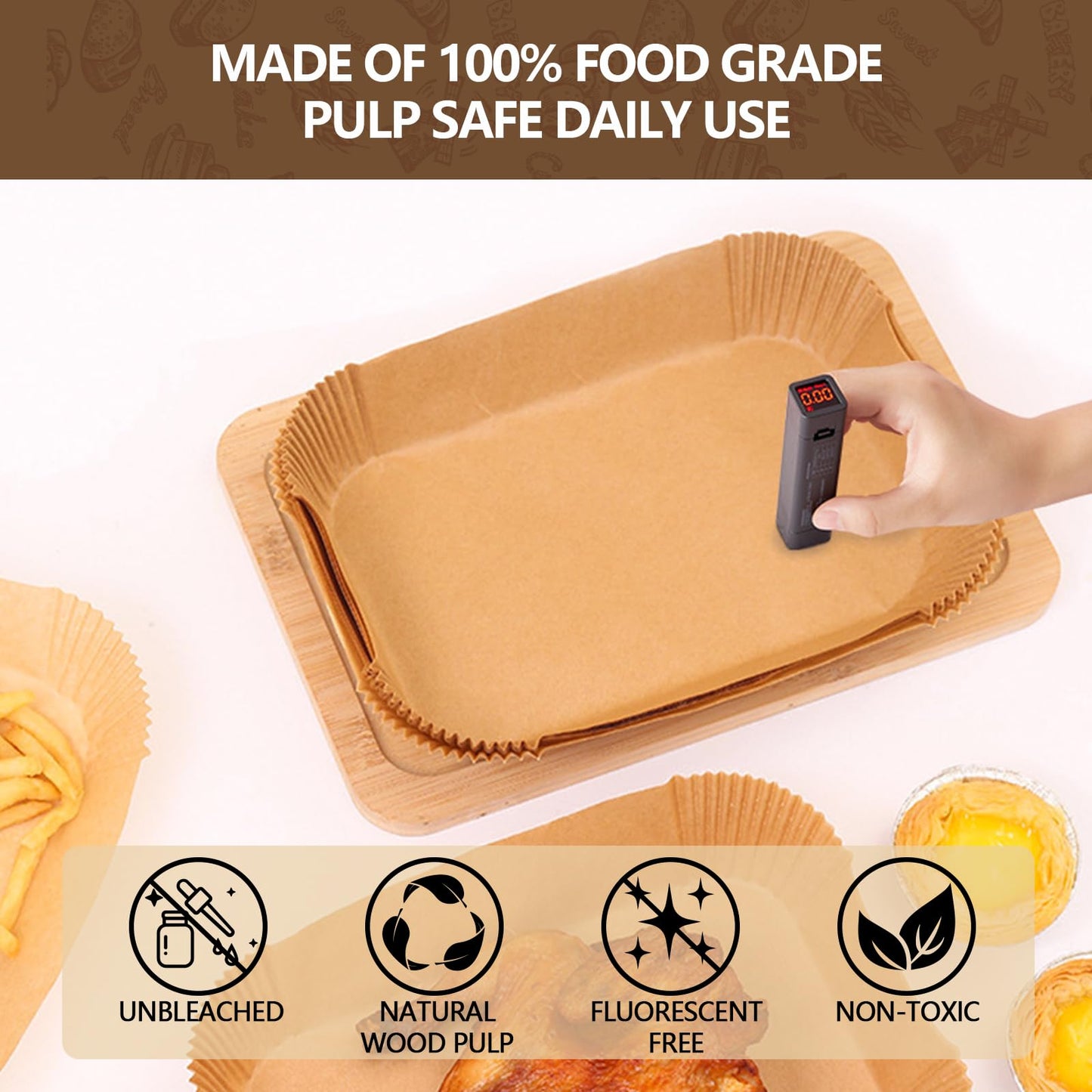 UBeesize 9-Inch Air Fryer Parchment Liners - 200 Pack, Square Non-Stick Disposable Paper Sheets for Microwave & Air Fryers, Unbleached Baking Sheets (8-Inch Base)