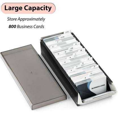 Daphilly Business Card Holder for Desk, Business Card Holder Organizer, Credit Card Organizer Case File Index Card Box Storage,with A-Z Tabs, Storage up to 800 Cards (3.5” x 2.2”), Metal Structure