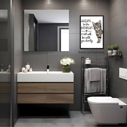 HNNXAR Funny Cat Bathroom Wall Art,Welcome To The Bathroom A Cat Will Be With You Shortly Paintings Posters,Black and White Funny Animal Canvas Pictures Prints Wall Decor 16x24in Unframed