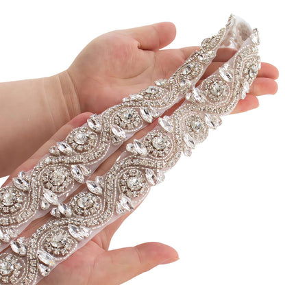 ShiDianYi Wedding Rhinestones Pearls Trim, 1 Yard Long Silver Rhinetones for Dress, Bridal Applique, Crystal Beaded Applique