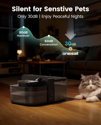 oneisall Wireless Filterless Cat Water Fountain, Separate Clean and Dirty Water Pet Fountain with Stainless Steel Bowl, 3.5L/118oz Quiet No Filter Smart FreshFill Automatic Cat Water Dispenser, Black