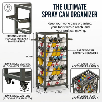 FOREVEROU 50 Can Spray Paint Rack Organizer, Large Capacity Rolling Spray Paint Storage Cart, Metal Aerosol Can Holder for Garage, Auto Shop, Craft Room & Home Mobile Organization
