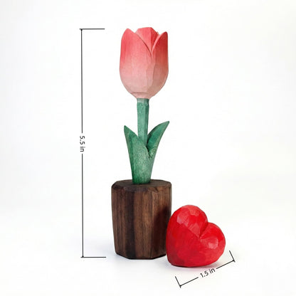 Hand Carved Wooden Tulip Flower with Red Heart Figurine in Gift Box - Everlasting Wood Sculpture for 5th, Valentine’s Day - Painted Faceted Floral Art (Blossom Pink)