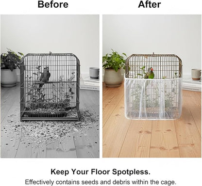 Bird Cage Net Seed Catcher Net Cove White Adjustable Breathable Mesh Parrot Cage Skirt Guard for Parrot Cockatiel Budgie Fits Round Square Cages