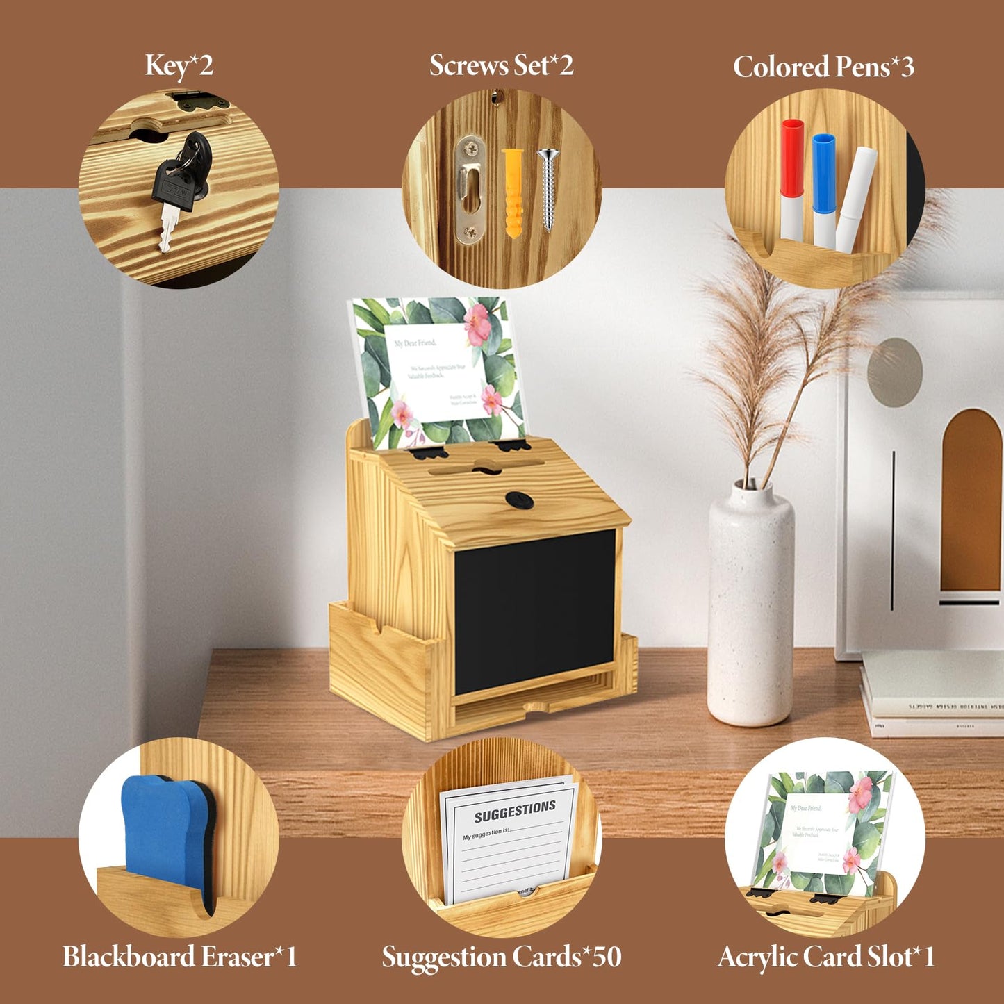 Wooden Suggestion Box with Acrylic Sign Holder, Locking Donation Box for Prayer, Comment , Ballot & Fundraising, Office Feedback Box With 50 Suggestion Cards and Pens, Wall Mounted or Countertop
