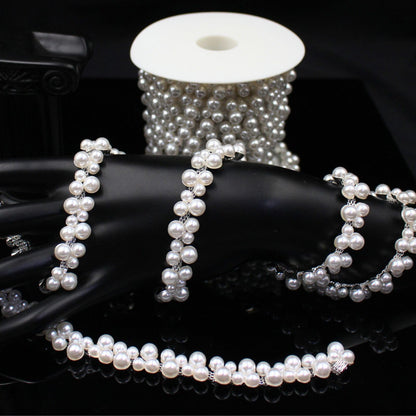 1 Yard Pearl Trim Chain String Silver Applique Fringe Ribbon Strips Beads Sewing Dress DIY Party Wedding Bouquet for Decoration Bridal Costume Embellishment