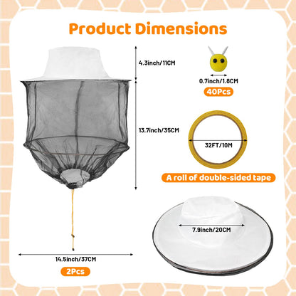 Beekeeper Hat Costume Set Includes 2 Beekeeper Hats and Veils, 40 Felt Bees, 1 Roll Of Double-Sided Tape, A Helmet, And A Fun Beecatcher Costume For A Halloween-Themed Party DIY